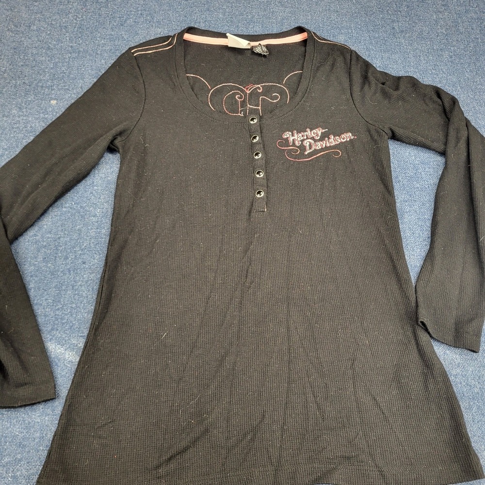 Harley Davidson Womens Black Waffle Knit Henley Wing Heart Sequin Top Large